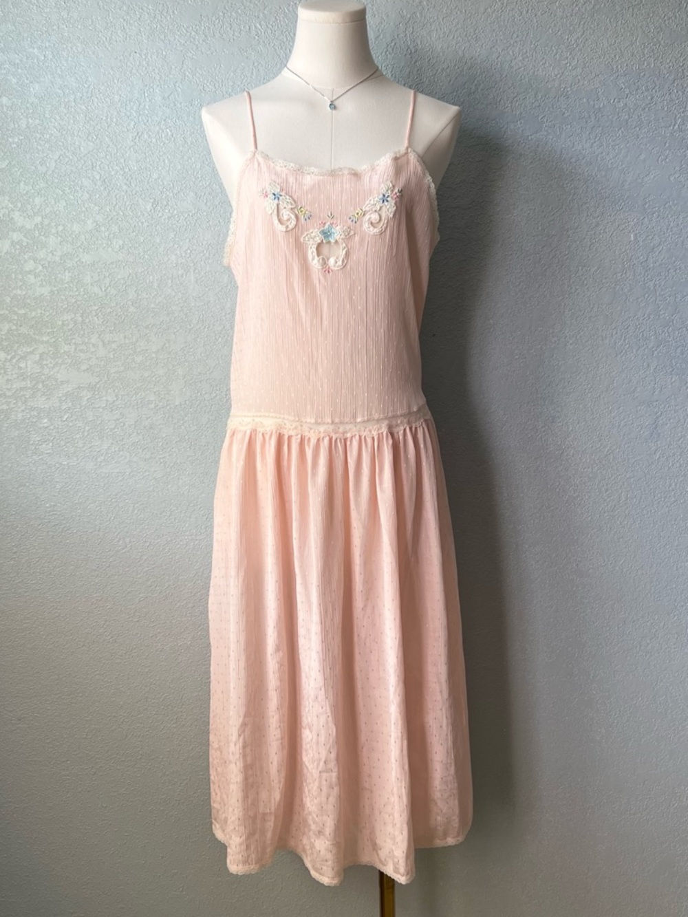 Vintage 90s Pink Slip Dress Embroidered Floral Lace Sheer Midi Cottagecore S